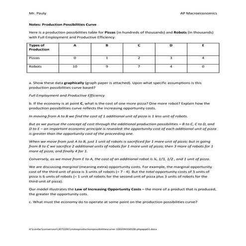 Notes Production Possibilities Curve