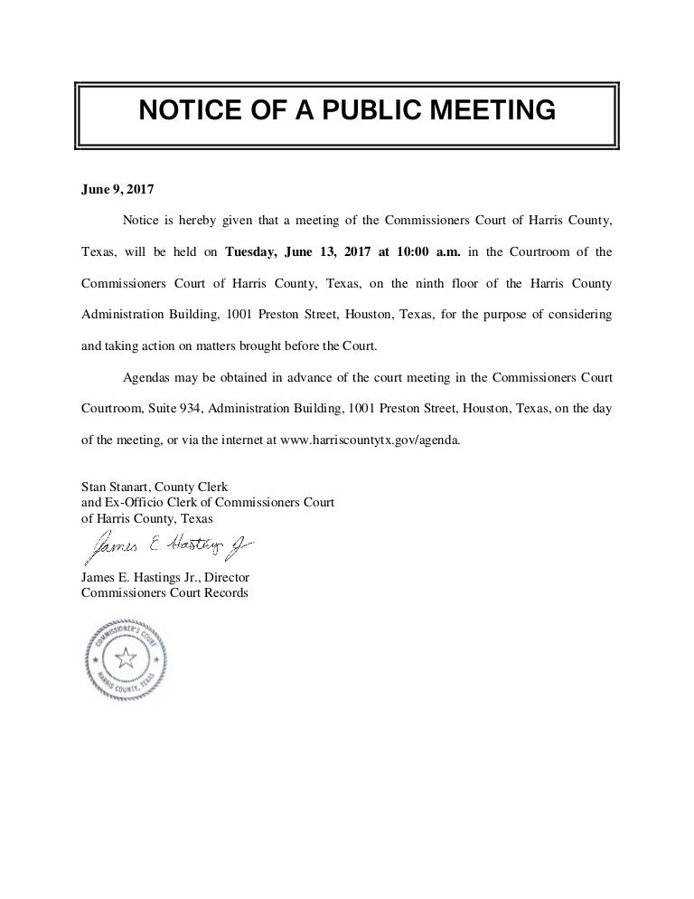 Notice of a Public Meeting Agenda Harris County
