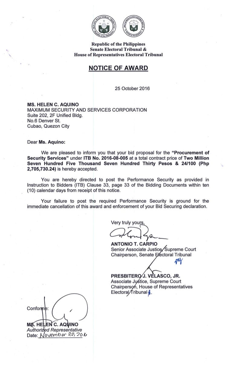 Notice of Award Security Services