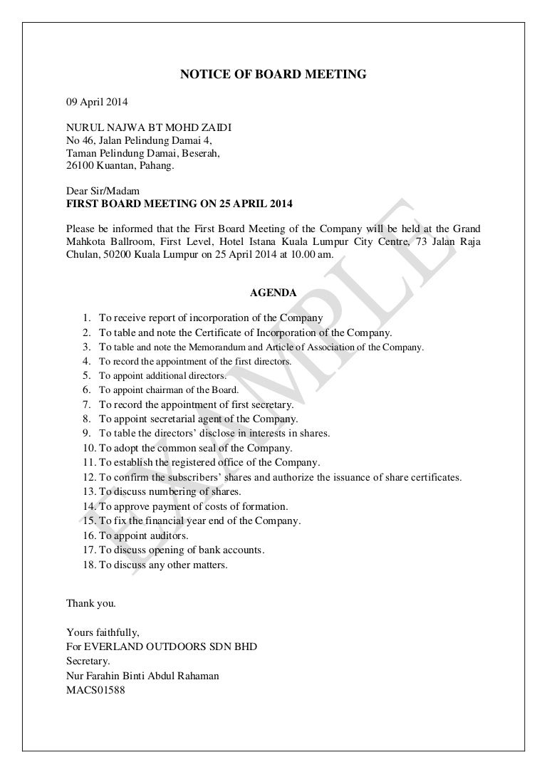 Notice of Board Meeting