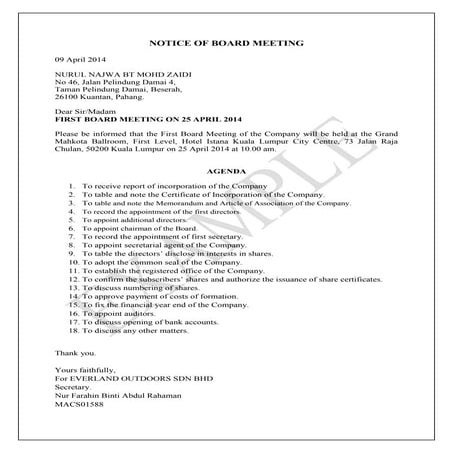 Notice of Board Meeting