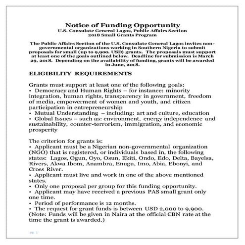 Notice of funding opportunity for ngo
