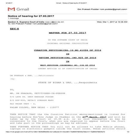 Notice of Hearing Curative Petition Criminal (D) 41026 of 2016
