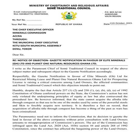 Somé Traditional Council Objects To Gazette Notification In Favor Of Elite Minerals And Planet One Natural Resources