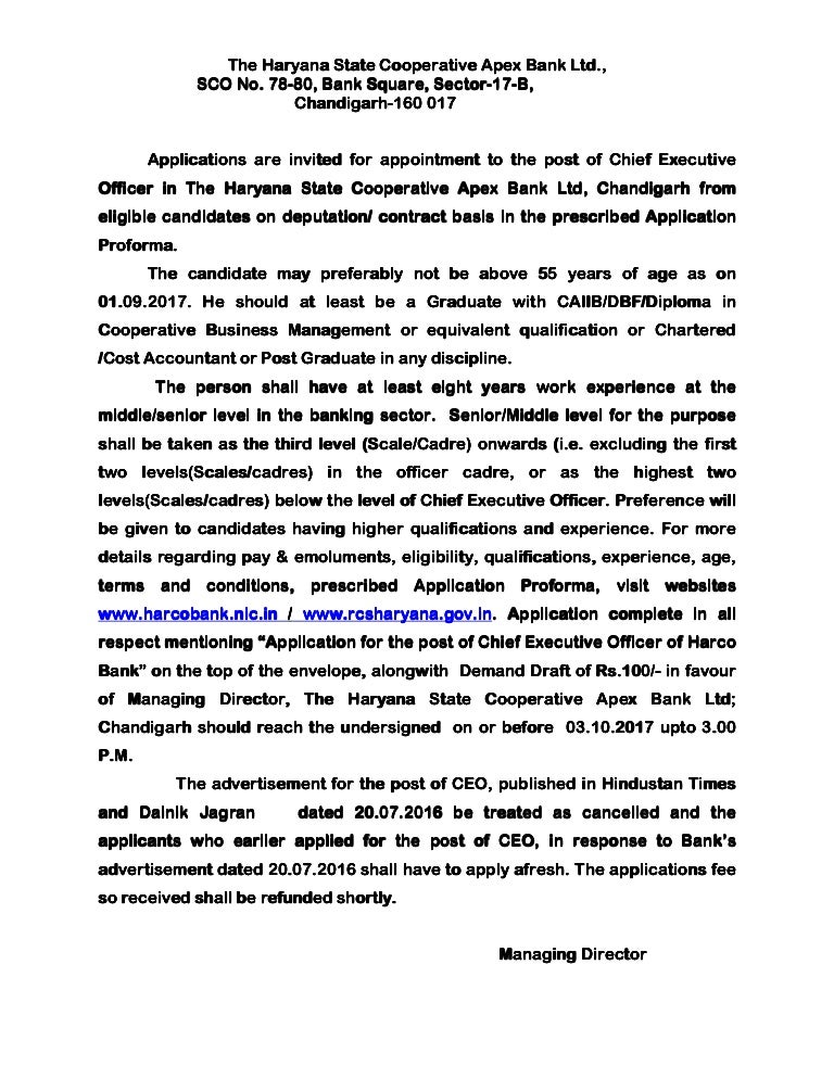 Harco Bank Recruitment For Chief Executive Officer