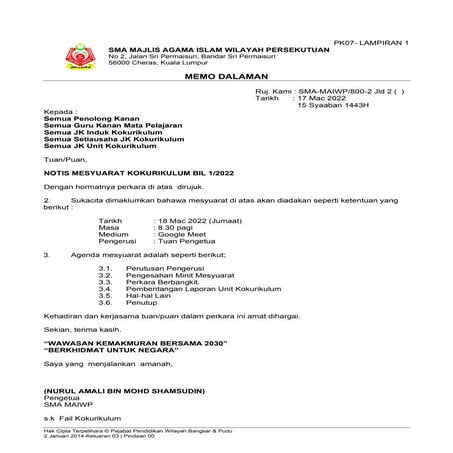 Notis panggilan mesyuarat kokurikulm 1 2022