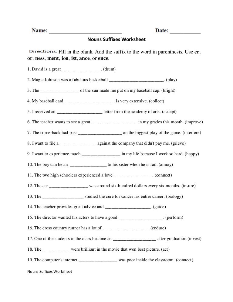 noun suffixes worksheet intermediate