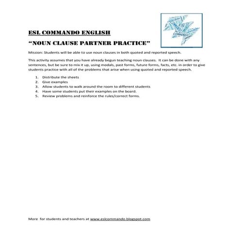 Noun clause partner practice ESL activity - Quoted and Reported Speech