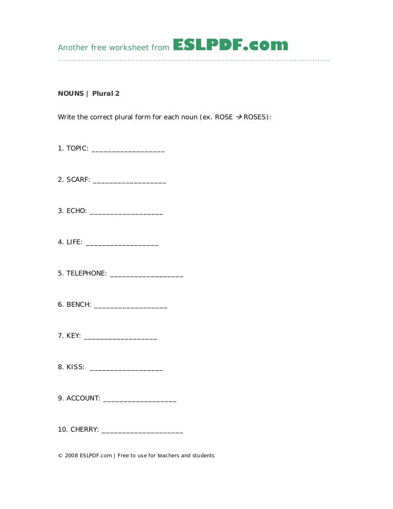 nouns plural 2 worksheet with answers