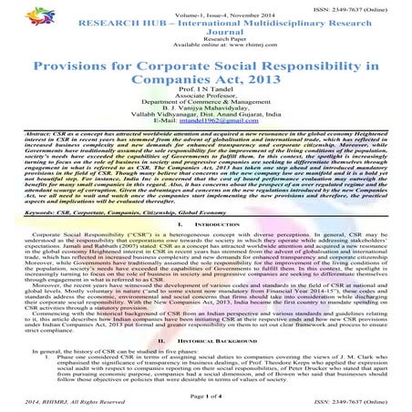 Provisions for Corporate Social Responsibility in Companies Act, 2013