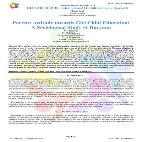 Parents Attitude towards Girl Child Education: A Sociological Study of Haryana