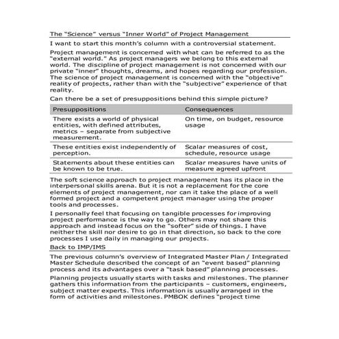 The “Science” versus “Inner World” of Project Management