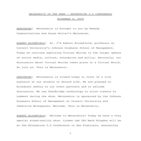 Metanomics Nov 4 Transcript