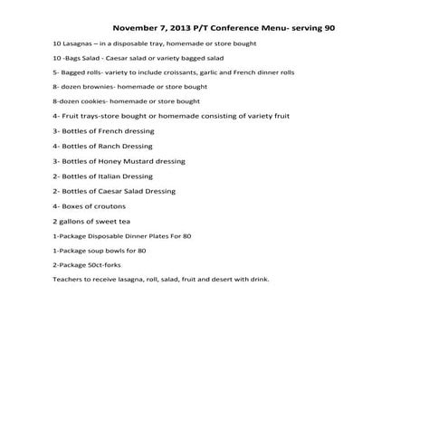 Nov 7,2013 parent teacher conf menu