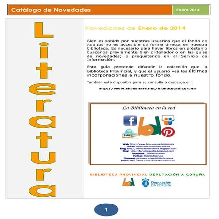 Novedades literatura enero. Biblioteca Provincial da Coruña