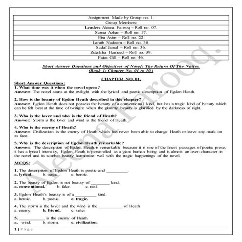 The return of the Native. Short Answer Questions and Objectives.