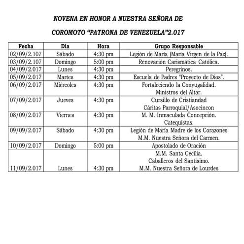 Novena a Nuestra Señora de Coromoto 2.017
