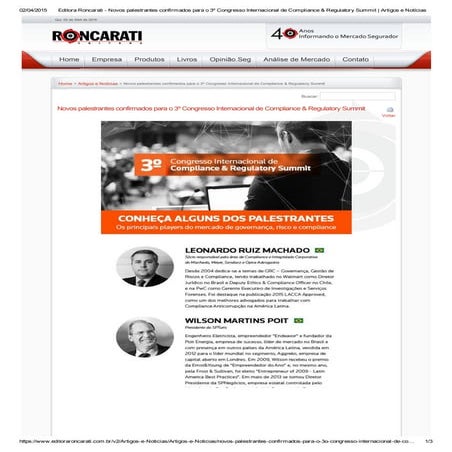 Novos palestrantes confirmados para o 3º congresso internacional de complianc...