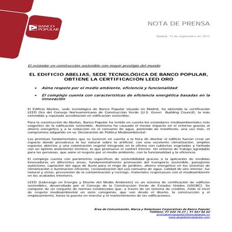 El Edificio Abelias, sede tecnológica de Banco Popular, obtiene la certificac...