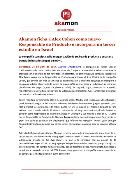 NP  Akamon ficha a alex cohen como nuevo responsable de producto e incorpora un tercer estudio en israel