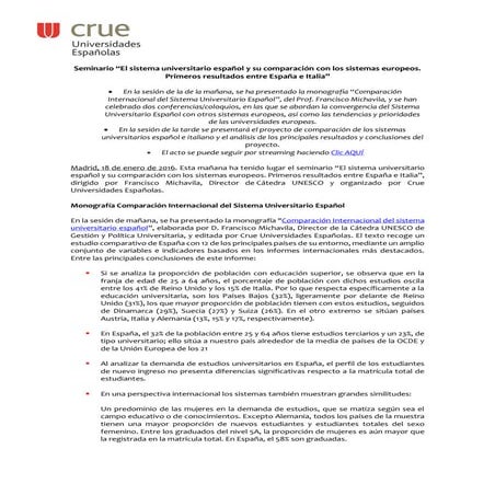 Nota de Prensa presentación Informe CRUE Comparación Internacional Universida...