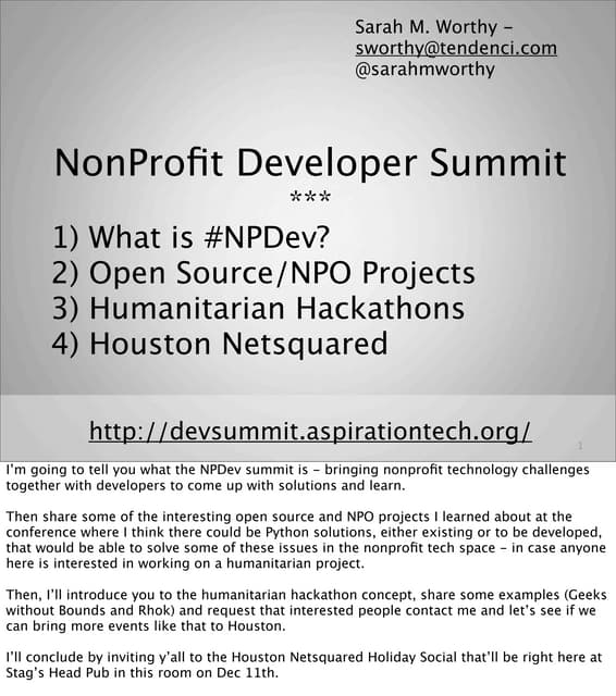 NonProfit Developer Summit Wrap-Up Presented at PyHou - Houston's Python Meetup