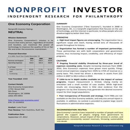 NPI Evaluation of One Economy Corporation 