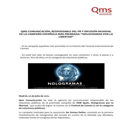 QMS comunicación triunfa en los premios de Cannes 2015 