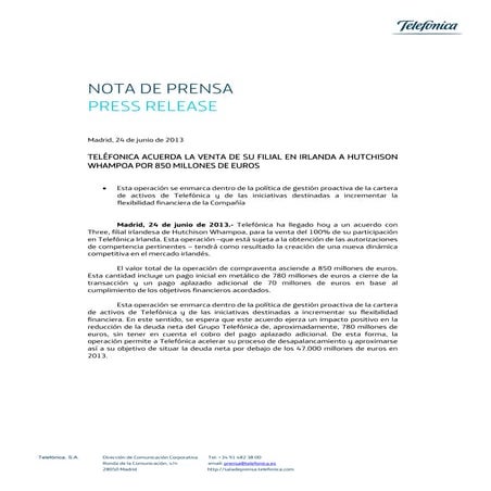 Teléfonica vende su filial en Irlanda a Hutchison
