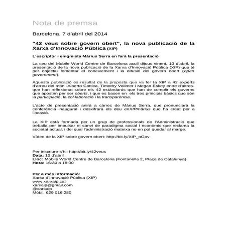 Nota de premsa: Presentació 42 veus sobre el govern obert