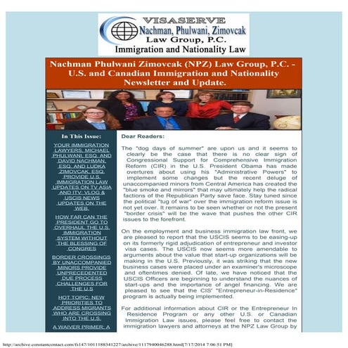 NPZ LAW GROUP'S U.S. AND CANADIAN IMMIGRATION LAW UPDATE (MIDDLE OF JULY 2014)