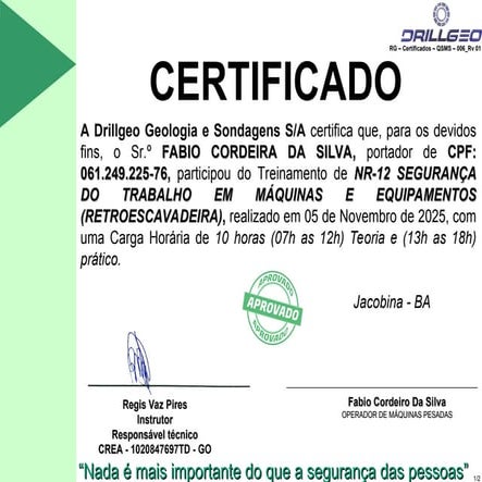 Certificado de NR-12 contendo conteúdo minimo