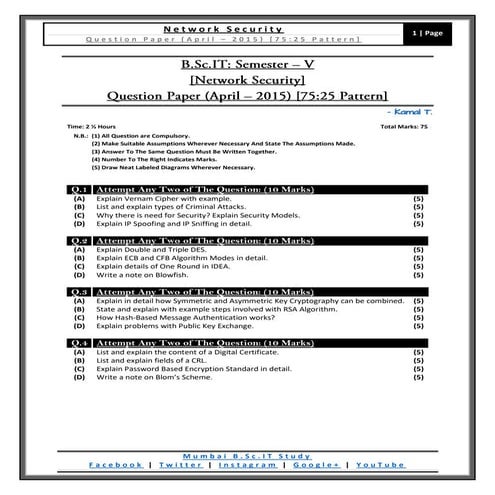 [Question Paper] Network Security (75-25 Pattern) [April / 2015]