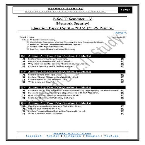[Question Paper] Network Security (75:25 Pattern) [April / 2015]