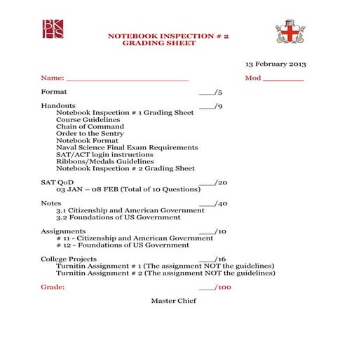 NS1 Notebook Inspection # 2 Grading Sheet 12 13
