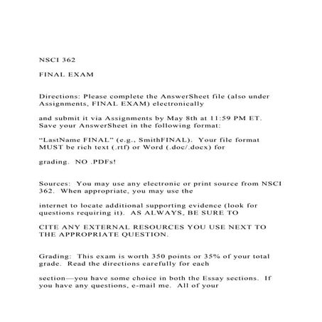 NSCI 362 FINAL EXAM  Directions Please complete the.docx