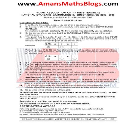 NSEJS Previous Year Papers 2009-2010