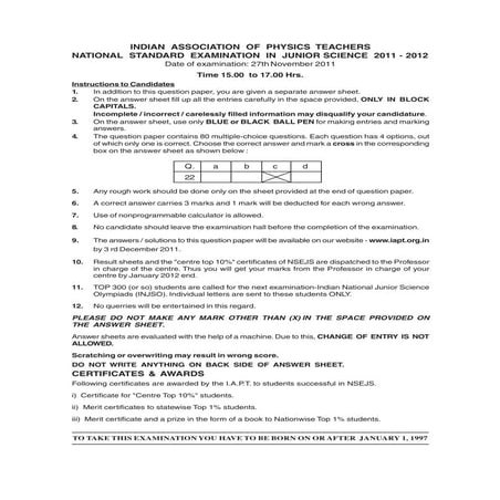NSEJS Previous Year Papers 2011-2012