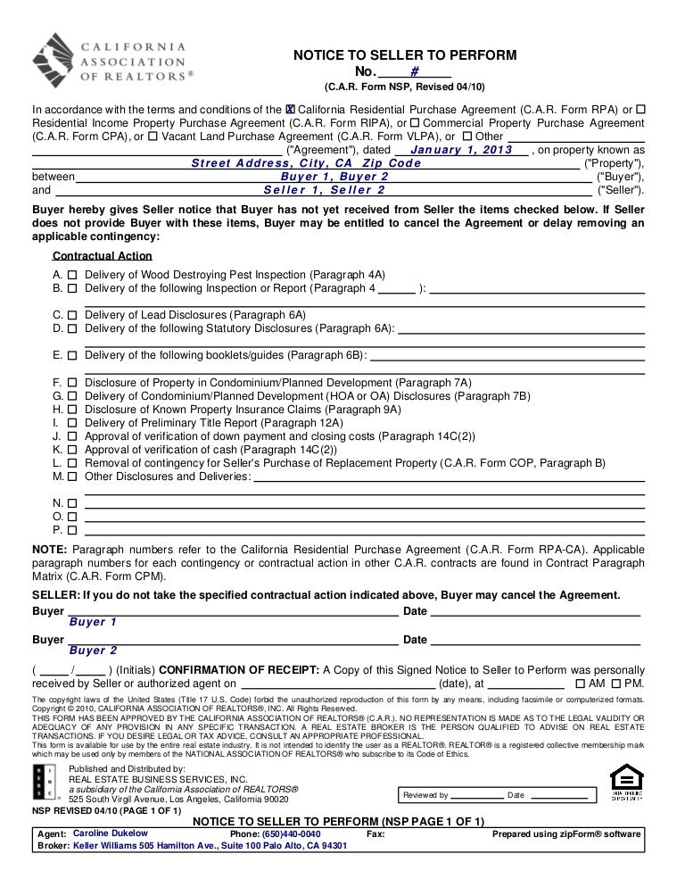 nsp notice to seller to perform 410 california real estate offer form