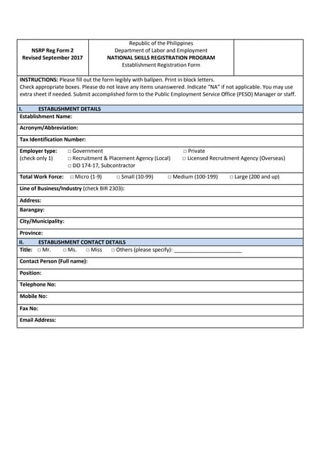 National Manpower Skills Registration System - Form 1 | PDF