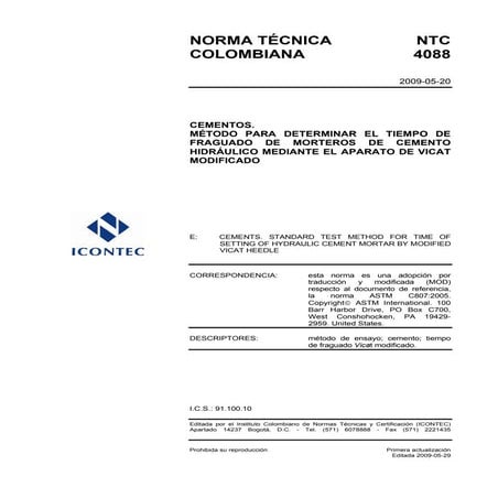 Ntc 4088 metodo para determinar el tiempo de fraguado de morteros hidraulico ...