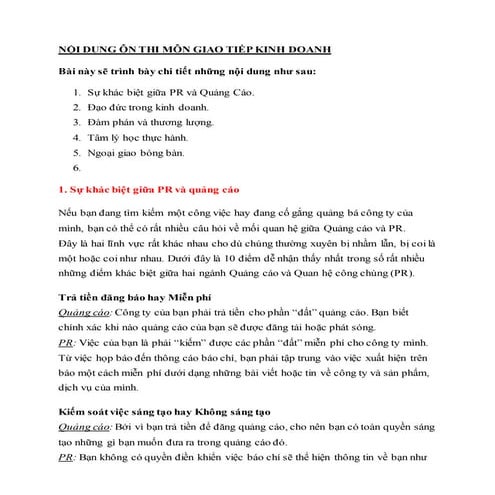 NỘI DUNG ÔN THI MÔN GIAO TIẾP KINH DOANH