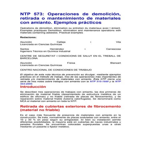 NTP 573: Operaciones de demolición, retirada o mantenimiento de materiales co...