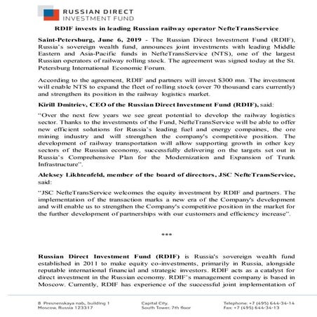 RDIF invests in leading Russian railway operator NefteTransService