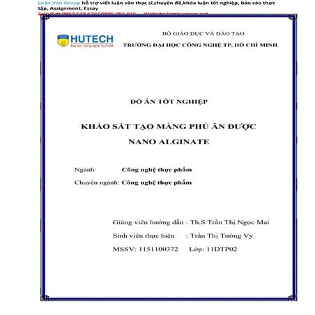 Đồ án tốt nghiệp Khảo sát tạo màng phủ ăn được nano Alginate