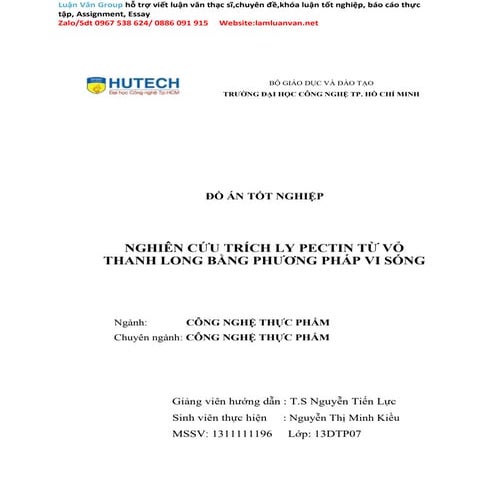 Đồ án tốt nghiệp Nghiên cứu trích ly pectin từ vỏ thanh long bằng phương pháp...