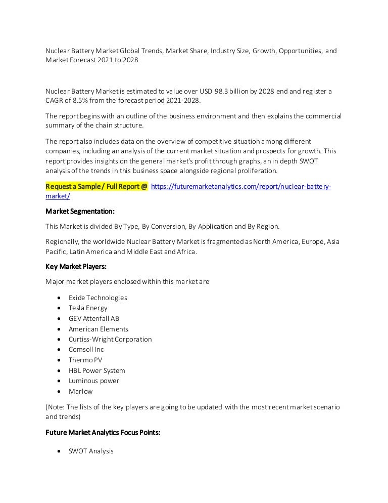 Nuclear battery market global trends, market share, industry size, growth, opportunities, and market forecast 2021 to 2028 3 nuclearbatterymarketglobaltrendsmarketshareindustrysizegrowthopportunitiesandmarketforecast2021to202 210927141657 thumbnail 4