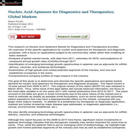 Nucleic Acid Aptamers for Diagnostics and Therapeutics: Global Markets ...