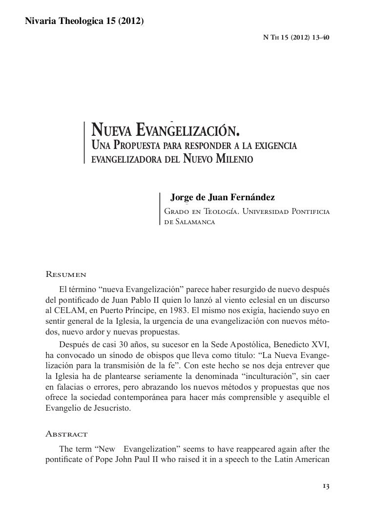 Nueva Evangelizacion Una Propuesta Para Responder A La Exigencia Eva