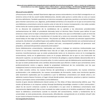 #NuevaFrontera : valor y misión de la biblioteca universitaria en las redes sociales online [texto]